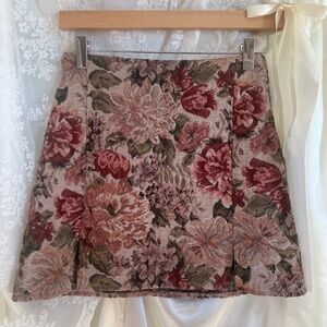 Cream, Red and Green Floral Tapestry Mini Skirt